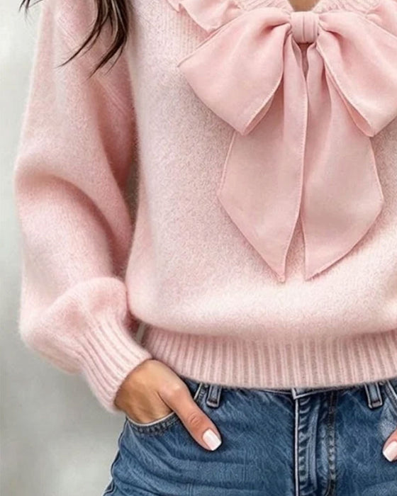 V-Ausschnitt Einfarbiger Langarm-Pullover Mit Schleifendetail
