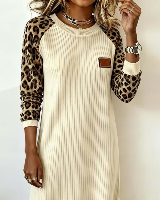 Kleid lässig langärmlig Leopardenmuster Patchwork