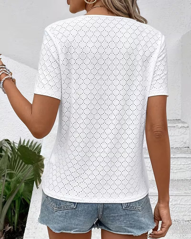 T-Shirt durchbrochen V-Ausschnitt Kurzarm