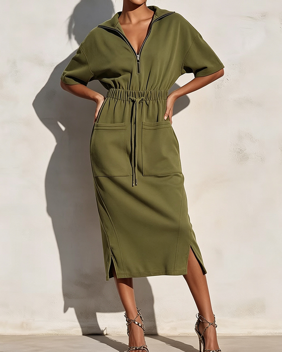 Kleid Reißverschluss Revers Taille Tasche