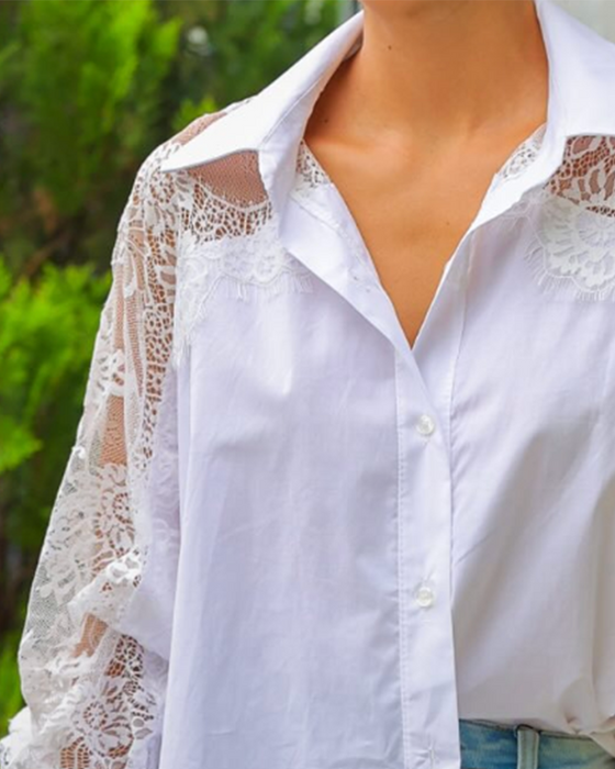 Bluse Spitze Patchwork Revers Langarm