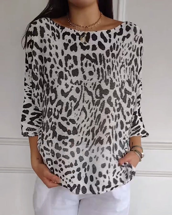 Pullover Dreiviertelärmel Leopardenmuster Locker