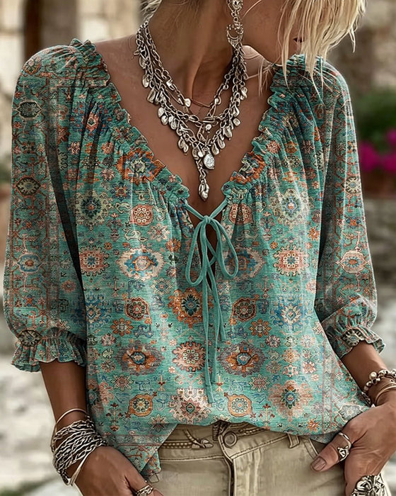 Bluse V-Ausschnitt Bindung Vintage Print