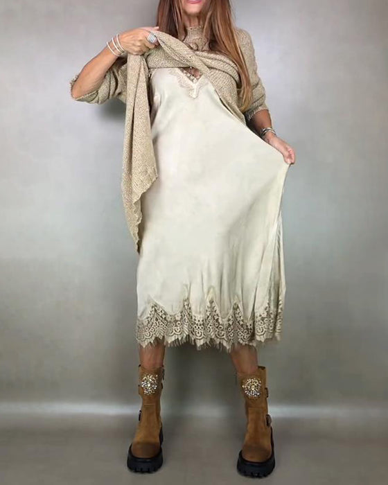Zweiteiliges Set Mit Gestricktem Kleid Und Spitzen - Camikleid
