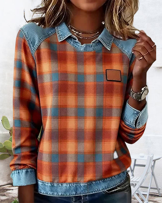 Sweatshirt Revers kariert Denim Patchwork
