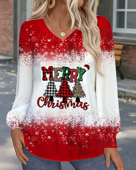 Top V-Ausschnitt Weihnachtsbaum-Print langärmlig