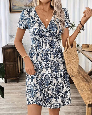 Kleid V-Ausschnitt Gerafft Hohe Taille Bohemian