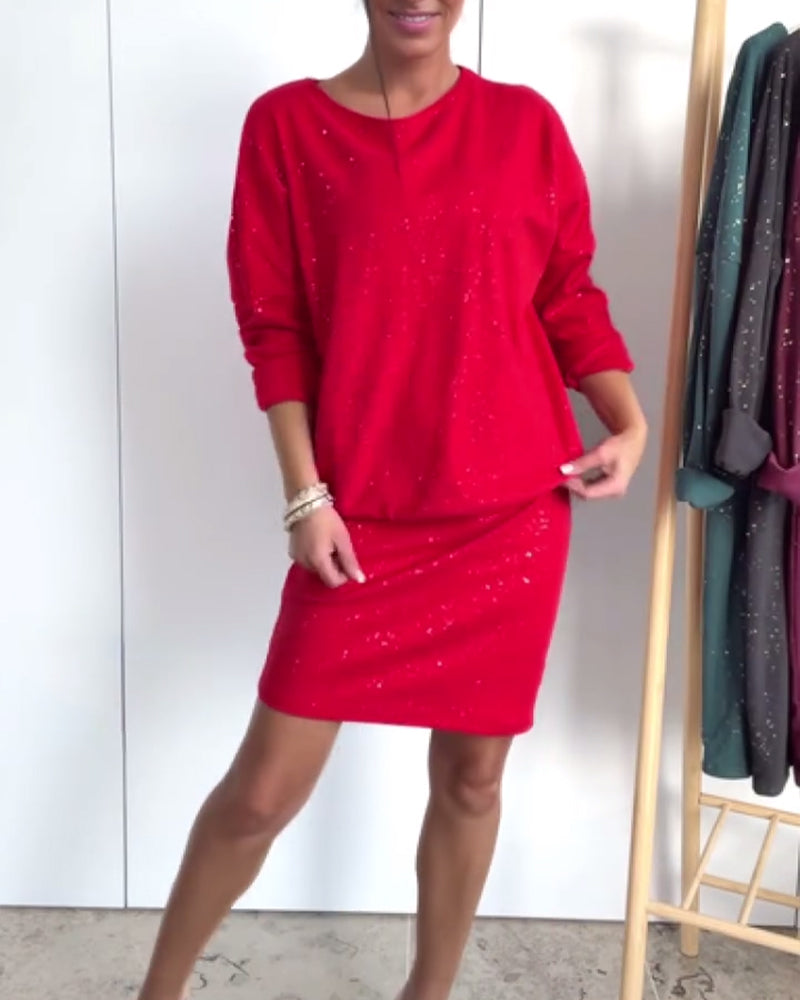 Kleid Runder Halsausschnitt Fein Glitzer Modisch