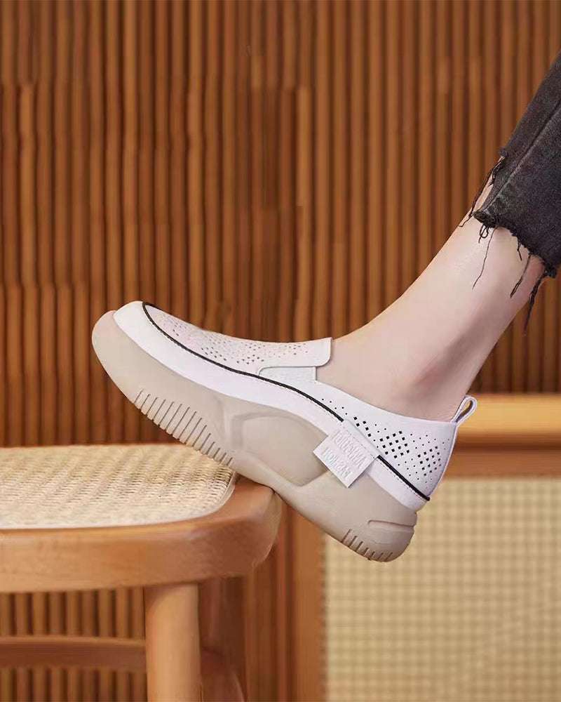 Schuhe Dick Sohle Damen Durchbrochen Loafers Runde Zehe Kappe