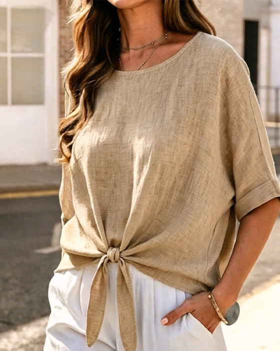 Bluse Rundhals Binden Kurzarm