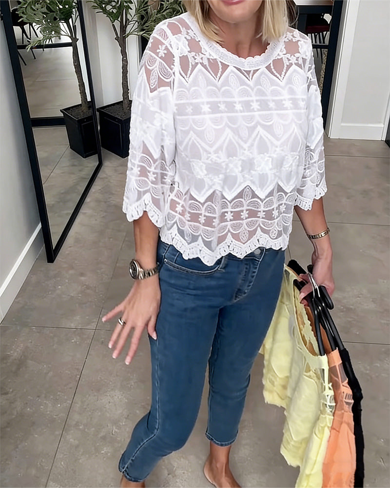 Bluse Sheer Mesh Spitze Dreiviertelarm