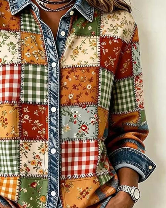 Oberteil Kragen Karo Denim Patchwork