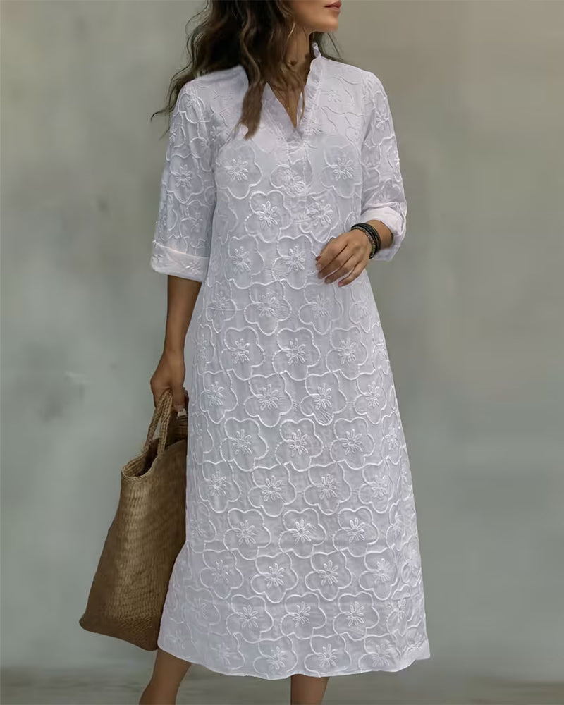 Kleid V-Ausschnitt Spitze Besatz Einfarbig