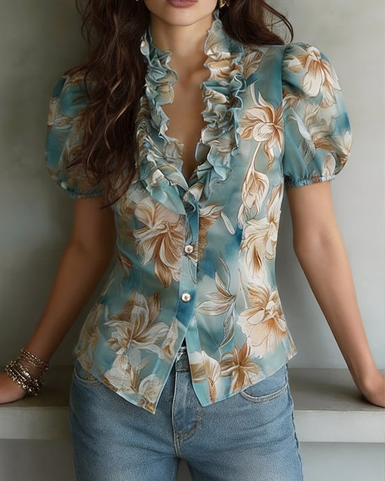 Bluse Mit Rüschen Blumig Puffärmel