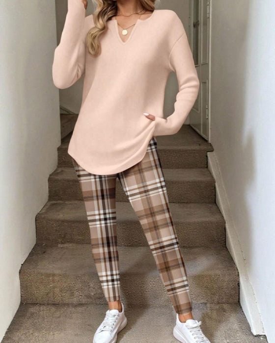 Set V-Ausschnitt Einfarbig Oberteil + Karo Hose Loungewear