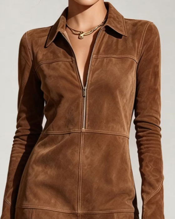 Kleid Revers Reißverschluss Langarm