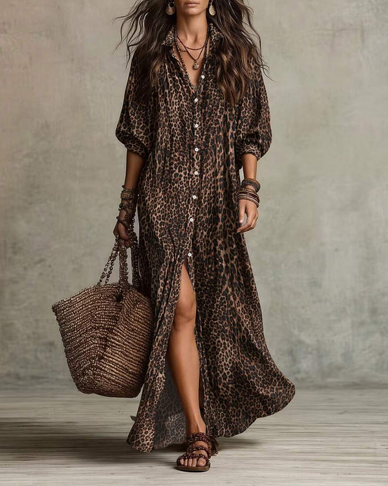 Kleid Hemdkragen Leopard