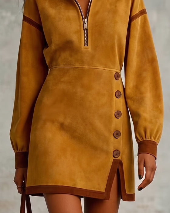 Kleid Halber Reißverschluss Stehkragen Taillenziehen Kurz