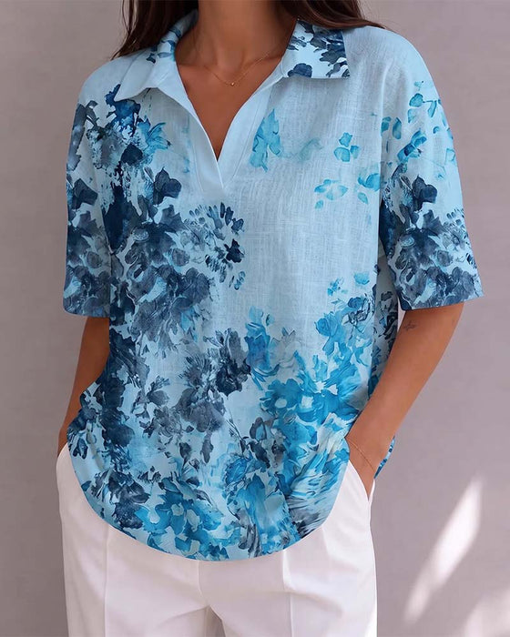 Bluse Tinte Waschen Blumig Revers Halbe Knopfleiste