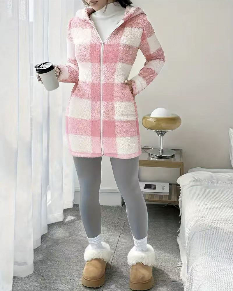 Damen Kapuzenmantel Aus Fleece Mit Karomuster Und Langen Ärmeln