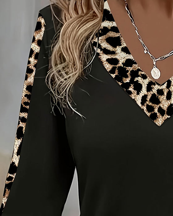 T-Shirt Langarm V-Ausschnitt Leopard Patchwork