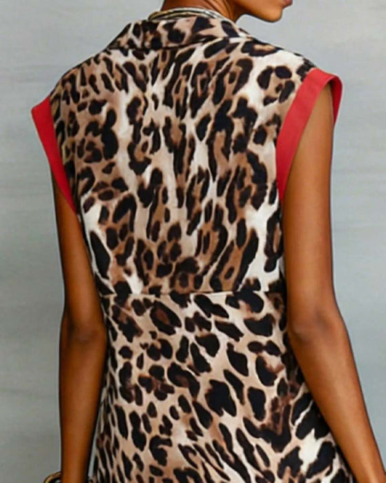 Kleid Revers Leopard Druck Kontrast Maxi