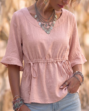 Bluse Rundhals Rüsche Kordelzug Uni