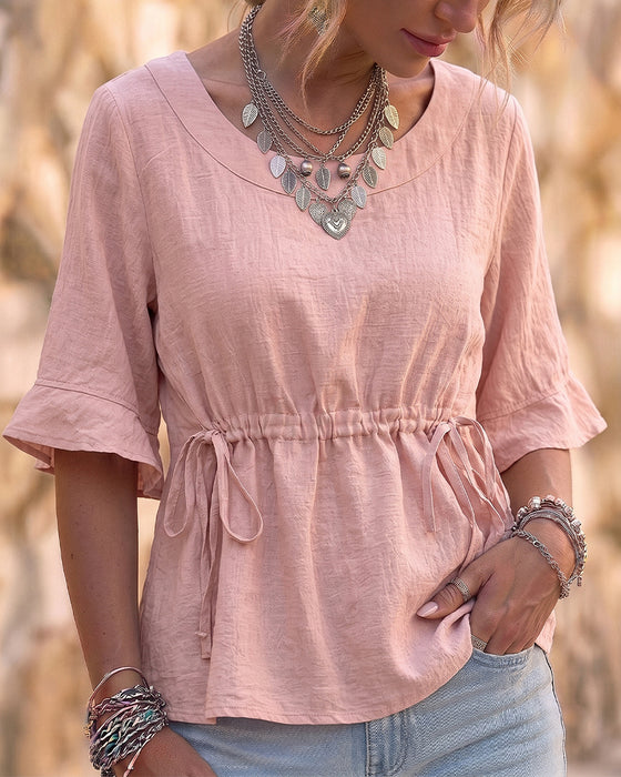 Bluse Rundhals Rüsche Kordelzug Uni