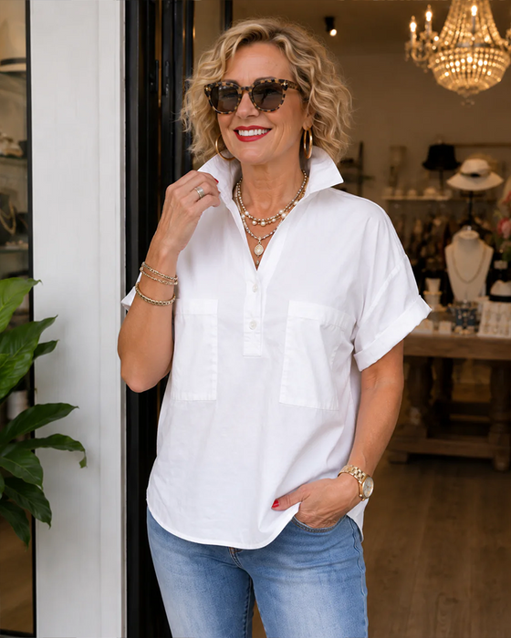 Bluse Tasche Knopf V-Ausschnitt Lässig