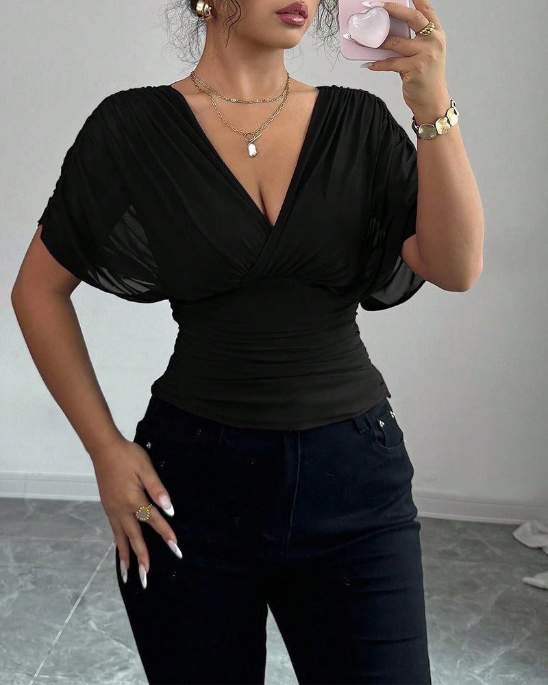 Bluse Uni Farbe Tiefer V-Ausschnitt Taille Kurzarm