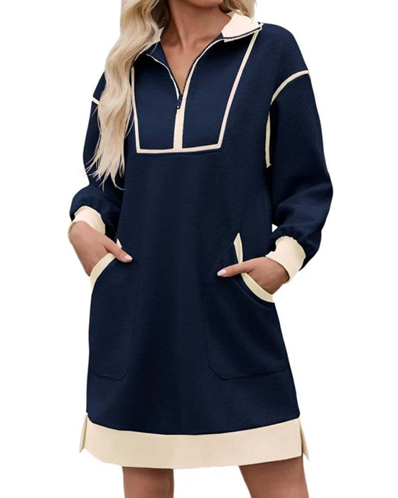 Kleid Halb Zip Langarm Farbblock Kurz