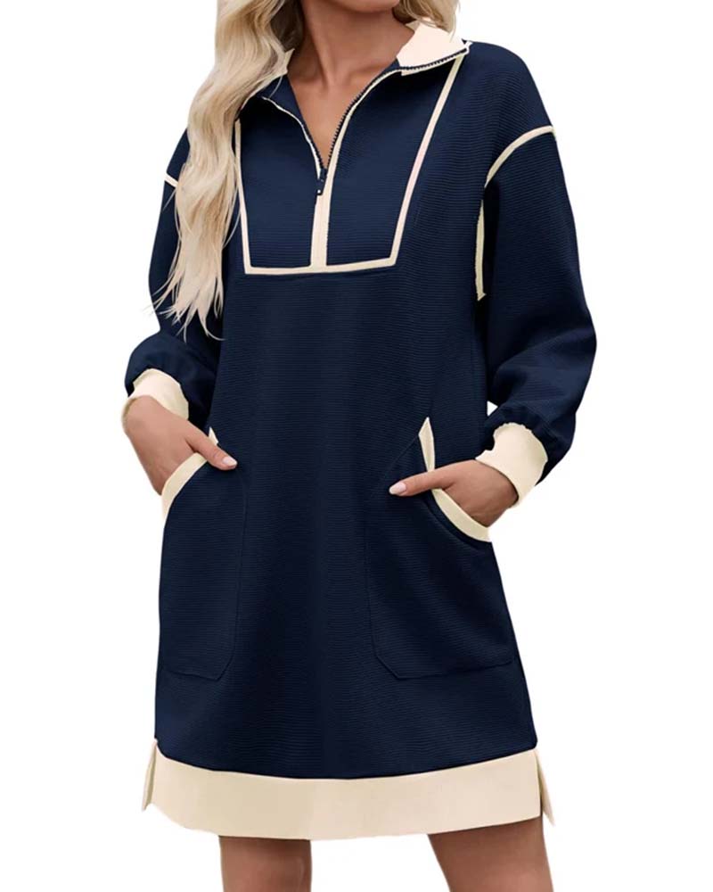 Kleid Halb Zip Langarm Farbblock Kurz