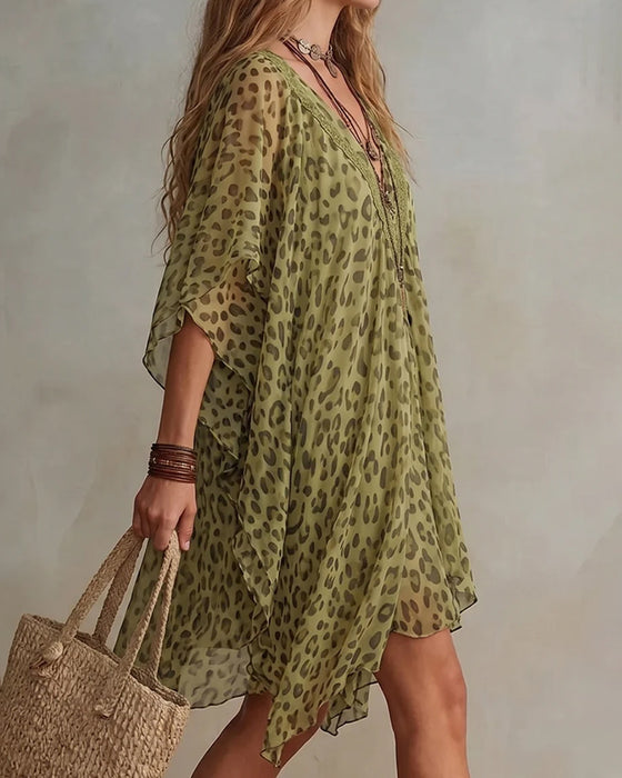 Kleid Unregelmäßig V-Ausschnitt Leopard