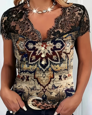 Retro-Bluse Mit V-Ausschnitt Und Spitzenbesatz