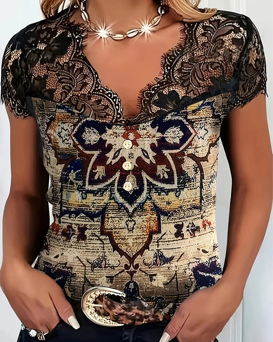 Retro-Bluse Mit V-Ausschnitt Und Spitzenbesatz