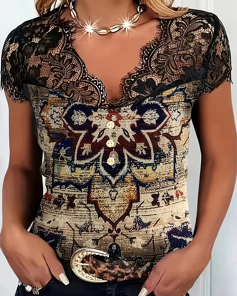 Retro-Bluse Mit V-Ausschnitt Und Spitzenbesatz