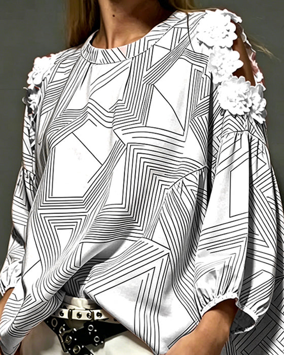 Bluse Rundhals Off-Shoulder Geometrisch Locker