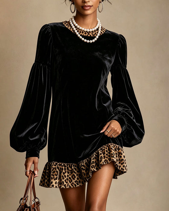Kleid Rundhals Ballonärmel Leopardenmuster