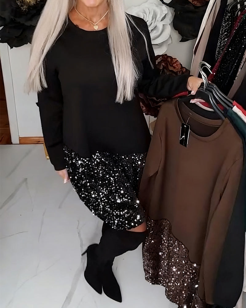 Kleid Runder Ausschnitt Langarmig Mit Pailletten Patchwork