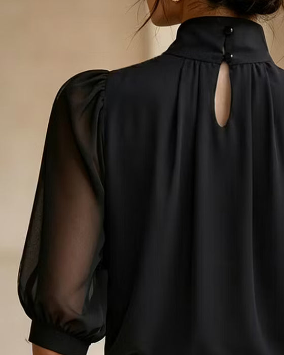 Bluse Hoher Kragen Puffärmel Ellenbogenlang Chiffon