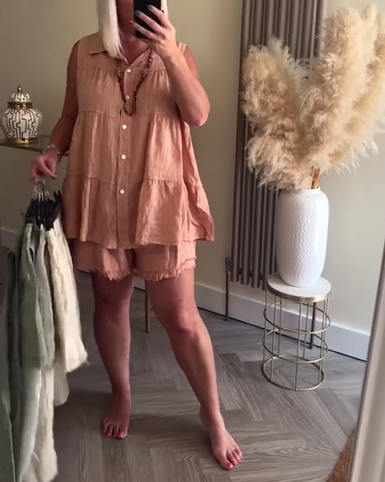 Anzug Ärmellos Revers Knopfleiste Lässige Shorts