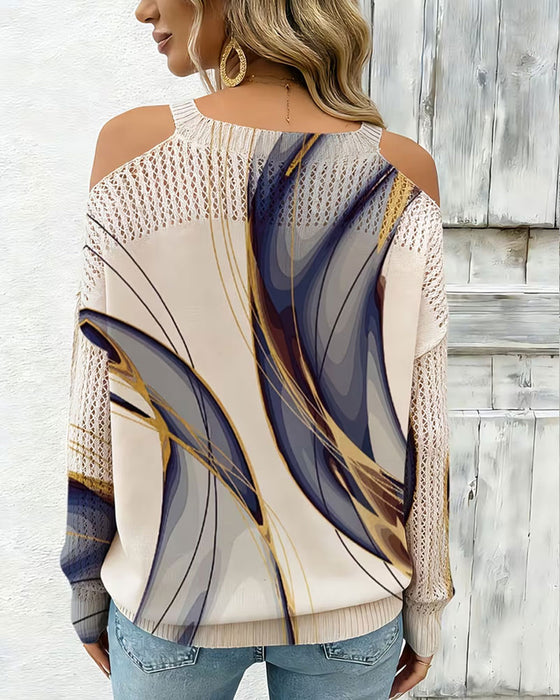 Pullover Stilvoll Druck Ausgeschnitten Off-Shoulder