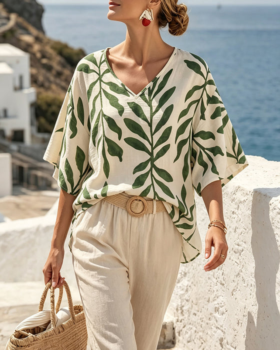 Bluse V-Ausschnitt Halbarm Blattprint