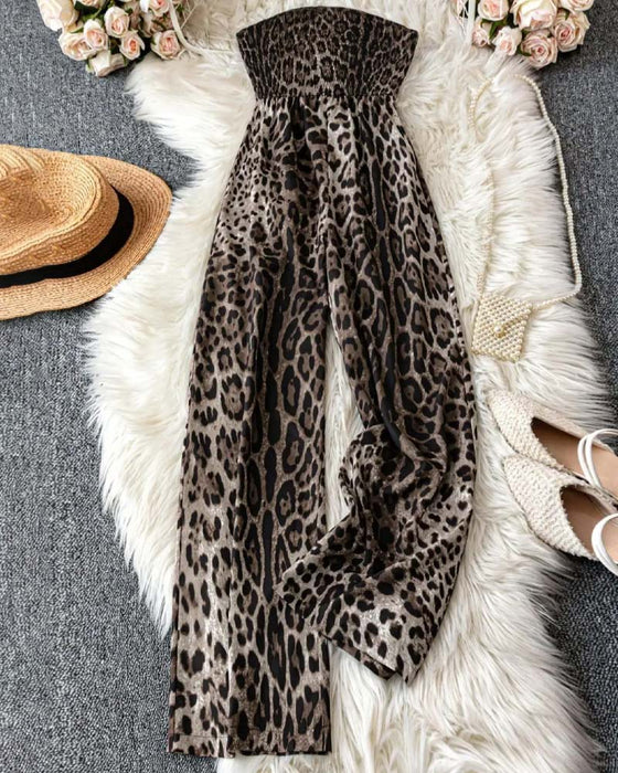 Jumpsuit Trägerlos Leopard Druck Breites Bein Tailliert