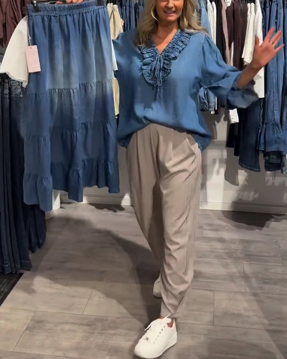 Bluse Rüsche Besatz Binden Denim