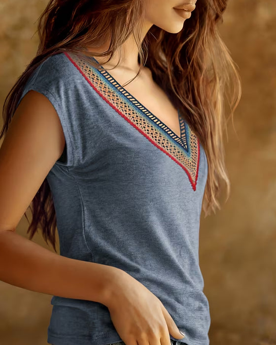 T-Shirt Patchwork V-Ausschnitt Spitze Kontrast