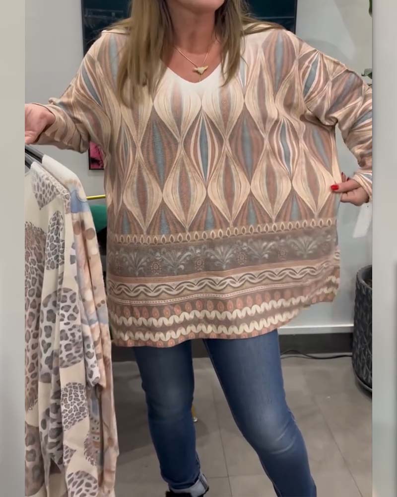 Top geometrischer Diamantdruck langärmlig V-Ausschnitt