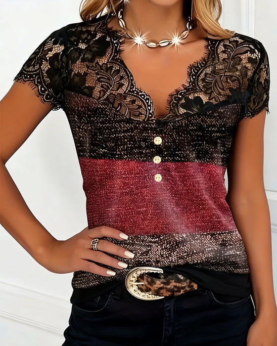 T-Shirt V-Ausschnitt Spitze Patchwork Kontrastfarbe