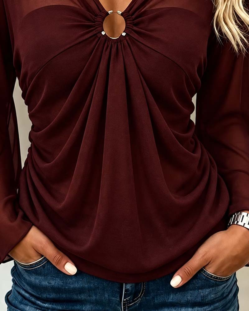 Bluse V-Ausschnitt Metall Ring Twist