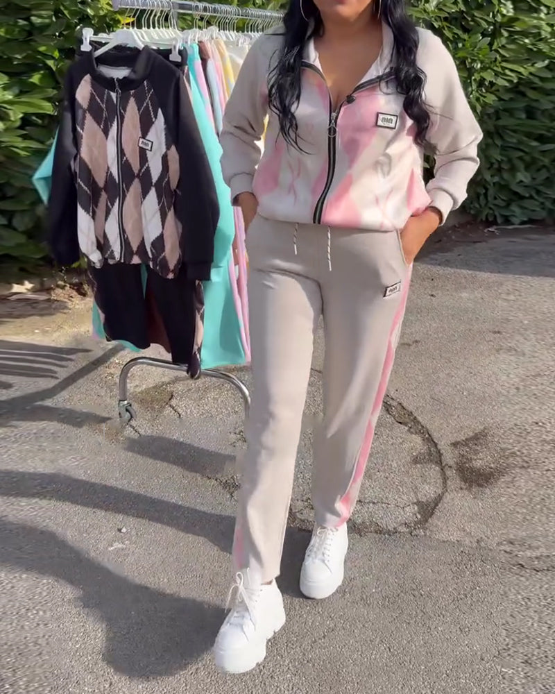 Zweiteiler kariert Oberteil mit Reißverschluss und Hose